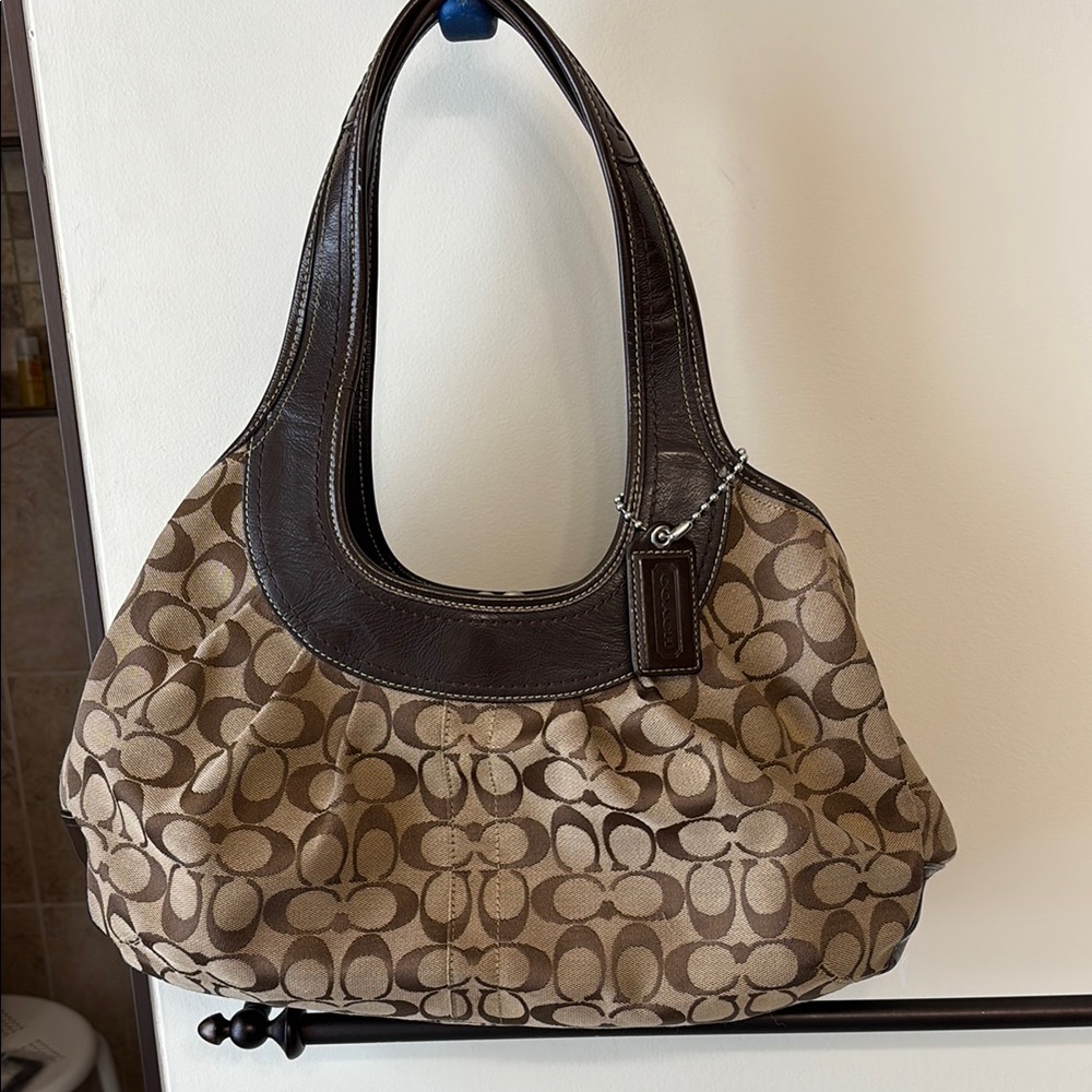 Coach Brown Signature Tote Bag with Khaki Jacquard print and leather trim. Used.